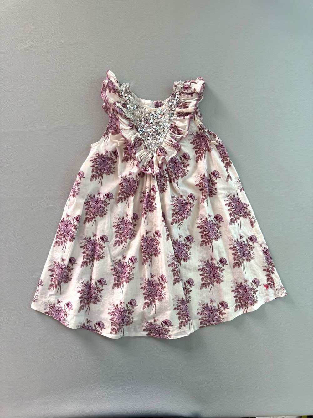 Pink Chicken Purple Flower Bouquet Silver Sequin Party Dress Sleeveless Sz 6